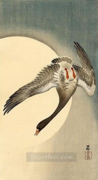  Delantera Pintura - Ganso de frente blanca volando visto desde abajo frente a la luna Ohara Koson Japonés